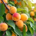 Apricots on a tree in the garden, ripe fruit close-up.