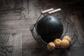 Apricots and watermelon in a vintage metallic market basket Royalty Free Stock Photo