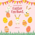 Happy Easter background with realistic painted eggs, grass, flowers, and rabbit ears. Royalty Free Stock Photo
