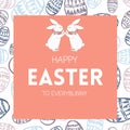 Happy Easter background with realistic painted eggs, grass, flowers, and rabbit ears. Royalty Free Stock Photo