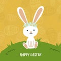 Happy Easter background with realistic painted eggs, grass, flowers, and rabbit ears. Royalty Free Stock Photo