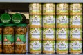 April 22, 2021 Balti Moldova goods on the market shelf. Illustrative editorial. Tin cans with mushrooms and green peas Royalty Free Stock Photo