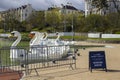 26 April 2018 Bangor Northern Ireland. Swan themed pedalos for hire in the popular Pickie Centre sit empty on a cool spring morni Royalty Free Stock Photo
