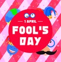 April Fools Day with funny glasses and clown hat. Flat vector illustration for greeting card, banner, promotion, poster, flyer