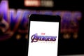 April 3, 2019, Brazil. Avengers Endgame logo on the mobile device screen. Avengers: Endgame is a superhero movie produced by Royalty Free Stock Photo
