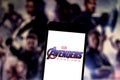 April 3, 2019, Brazil. Avengers Endgame logo on the mobile device screen. Avengers: Endgame is a superhero movie produced by Royalty Free Stock Photo