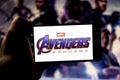 April 3, 2019, Brazil. Avengers Endgame logo on the mobile device screen. Avengers: Endgame is a superhero movie produced by Royalty Free Stock Photo