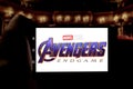 April 3, 2019, Brazil. Avengers Endgame logo on the mobile device screen. Avengers: Endgame is a superhero movie produced by Royalty Free Stock Photo