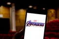 April 3, 2019, Brazil. Avengers Endgame logo on the mobile device screen. Avengers: Endgame is a superhero movie produced by Royalty Free Stock Photo