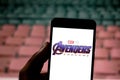 April 3, 2019, Brazil. Avengers Endgame logo on the mobile device screen. Avengers: Endgame is a superhero movie produced by Royalty Free Stock Photo