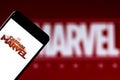 Captain Marvel logo on the mobile device. Captain Marvel is a superhero movie from 2019, based on the