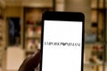 April 1, 2019, Brazil. Emporio Armani logo on the mobile device. The Emporio Armani is a famous Italian fashion company. Company