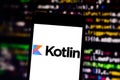 April 11, 2019, Brazil. Kotlin logo on the mobile device. Kotlin is a web programming language. It is developed by JetBrains Royalty Free Stock Photo