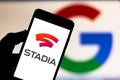 April 20, 2019, Brazil. Logo Google Stadia on the mobile device.
