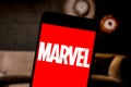 April 3, 2019, Brazil. Marvel logo on the screen of the mobile device. Marvel Comics is a publisher of American comics and media. Royalty Free Stock Photo