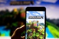 April 2, 2019, Brazil. Minecraft logo on Android mobile device. Minecraft is an open-world, independent, sandbox-style electronic