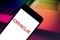 April 25, 2019, Brazil. Oracle logo on mobile device. Royalty Free Stock Photo