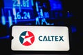 April 18, 2021, Brazil. In this photo illustration the Caltex logo seen displayed on a smartphone screen