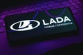 April 26, 2023, Brazil. In this photo illustration, the Lada logo is displayed on a smartphone screen