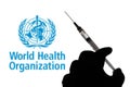 April 1, 2021, Brazil. In this photo illustration the medical syringe is seen with World Health Organization WHO company logo