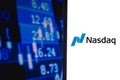 April 18, 2021, Brazil. In this photo illustration the NASDAQ Stock Market logo seen displayed on a smartphone screen Royalty Free Stock Photo