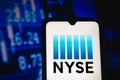 April 18, 2021, Brazil. In this photo illustration the New York Stock Exchange NYSE logo seen displayed on a smartphone screen