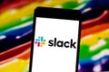 April 29, 2019, Brazil. In this photo illustration the Slack logo is displayed on the screen of the mobile device Royalty Free Stock Photo