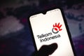 April 17, 2021, Brazil. In this photo illustration the Telkom Indonesia logo seen displayed on a smartphone screen