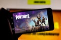 April 1, 2019, Brazil. Play Fortnite on the screen of the mobile device. Fortnite is an online multiplayer online game developed