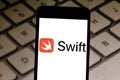 April 11, 2019, Brazil. Swift logo on the mobile device.