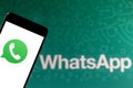 April 5, 2019, Brazil. WhatsApp app logo on your mobile device. WhatsApp is a multiplatform instant messaging and voice calling Royalty Free Stock Photo