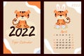 April 2022 calendar and cover. Cute Easter tiger cub with bunny ears and Easter eggs. Year of the Tiger in Chinese or oriental.