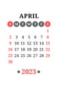 April calendar design 2023 year. English vector wall or pocket calender template. Week starts on Sunday