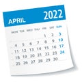 April 2022 Calendar Leaf. Week Starts on Monday. Vector Illustration