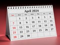 April 2024 calendar. One page of annual business desk monthly calendar