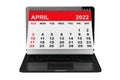 April 2022 calendar over laptop screen. 3d rendering Royalty Free Stock Photo