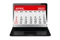 April 2023 calendar over laptop screen. 3d rendering Royalty Free Stock Photo