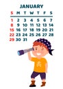 April 2023 calendar page. Vector flat cartoon illustration with cute pirate. Funny boy with spyglass. Template for print