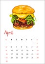 April 2023 calendar sheet, chacarera, chilean hamburger sandwich Meat, tomatoes, boiled beans, greens, round bun, watercolor