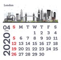 April 2020 Calendar Template with London City Skyline