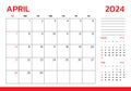 April 2024 Calendar. Week start on Sunday. Desk calendar 2024 design, simple and clean design, Wall calendar for print, digital