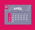 April calendar 2018. Week starts on Sunday. Business vector illustration template for one month 2018 years.