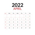 April 2022 calendar and week starts on sunday Royalty Free Stock Photo