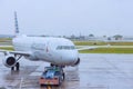 Airplane of American Airlines aircraft being pushed back to runway preparing to flight Royalty Free Stock Photo