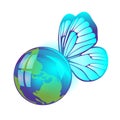 April 22 earth day, world. Friendly small planet with butterfly wings, in flight. Vector Illustration
