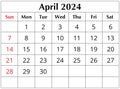 April 2024 ENGLISH month calendar. png transparent printable illustration. Monthly