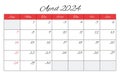 April 2024 ENGLISH month calendar. Vector printable illustration. Monthly planning for business events