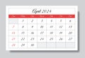 April 2024 ENGLISH month calendar. Vector printable illustration. Monthly planning for events