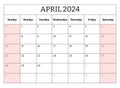April 2024 ENGLISH month calendar. Vector printable illustration. Monthly planning for your business