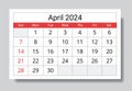 April 2024 ENGLISH month calendar. Vector printable illustration. Monthly planning for events